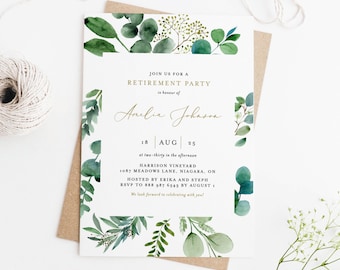 May include: A white invitation with green watercolor leaves and gold lettering. The invitation is for a retirement party for Anelia Johnson on August 25th at 2:30 PM at Harrison Vineyard. The address is 1087 Meadows Lane, Niagara, ON. The RSVP number is 888 987 6543 by August.