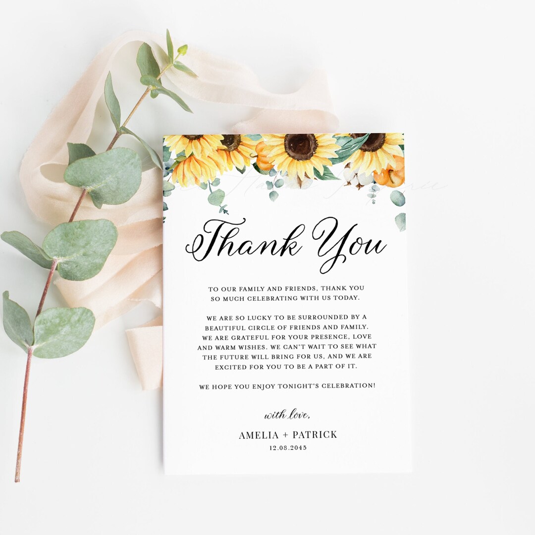 Sunflowers Fall Wedding Thank You Card Template - Printable Watercolor ...