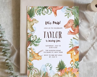 May include: A white dinosaur birthday party invitation with watercolor illustrations of dinosaurs, plants, and mountains. The text reads "Let's Party! Join us to celebrate Taylor is turning four. Saturday, July 15, 2:00-4:00. The Hudson Home, 741 Bank St. New York. RSVP to 888 987 6543 by July 5."
