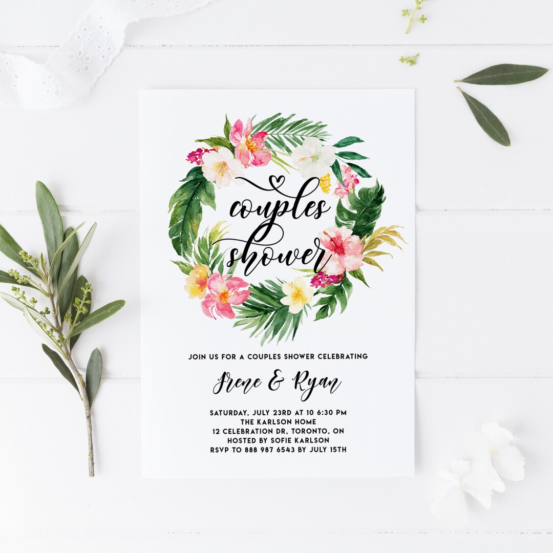 Printable Tropical Couples Shower Invitation Template Watercolor