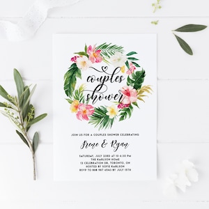 Printable Tropical Couples Shower Invitation Template - Watercolor Tropical Floral Wreath Invite - Editable Summer Wedding Shower Luau #010