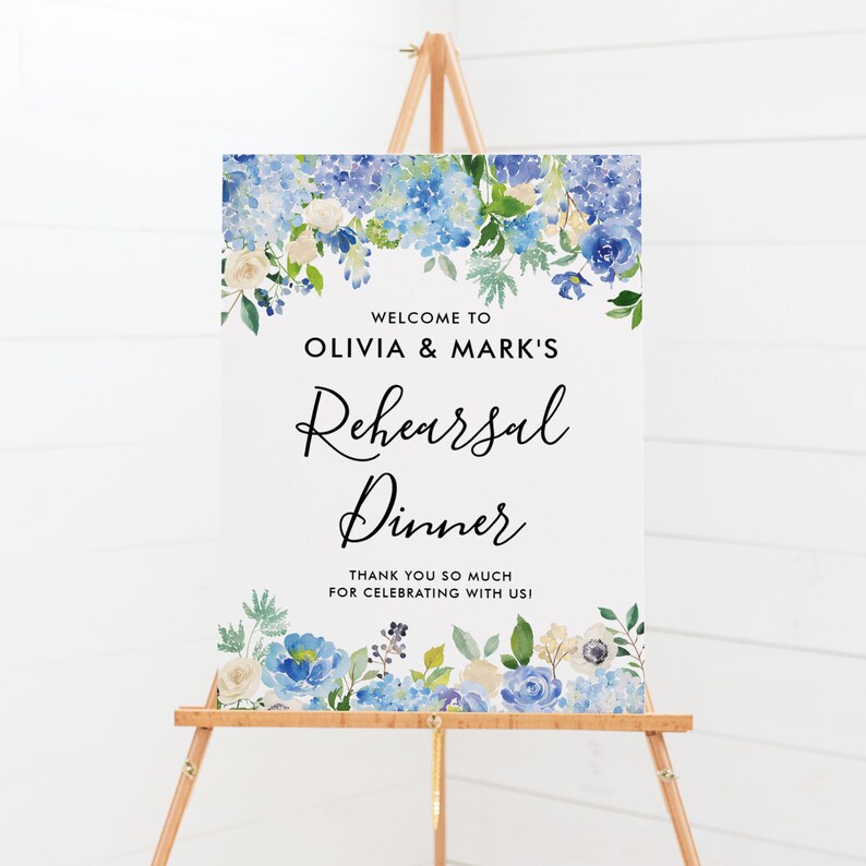 Editable Printable Watercolor Blue Hydrangeas /& Ivory Roses Rehearsal Dinner Sign Templett #024 Rehearsal Dinner Welcome Sign Template