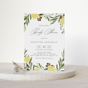 Printable  Lemon Baby Shower Invitation Template - DIY Boho Watercolor Lemon and Olive Baby Shower Evite - Editable Lemon Invitation OL39