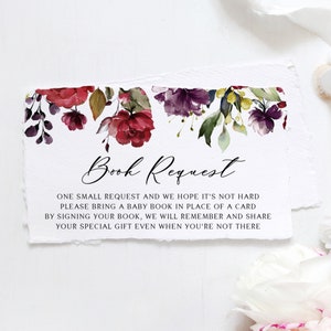 Afdrukbare bloemenboekaanvraagkaart - aquarel rode en paarse bloemen bloemenslinger Breng een boek babyshowerkaart - Instant Download RPF1