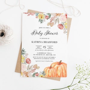 Boho Pumpkins Baby Shower Invitation Template - Printable Fall Floral Baby Shower, Virtual Baby Shower Invite - Editable DIY PF17