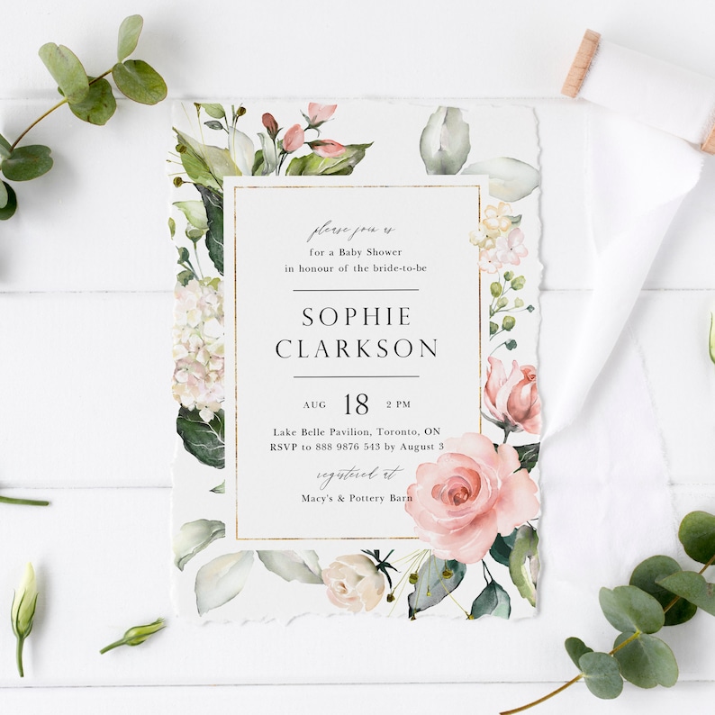 Elegant Floral Bridal Shower Invitation Template Printable Watercolor Roses and Hydrangeas Wedding Shower Invite Editable