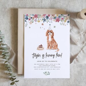 May include: A birthday party invitation with a watercolor illustration of a dog wearing a party hat and holding a piece of cake. The text reads "taylor is turning five!" and includes details about the party, including the date, time, location, and RSVP information.