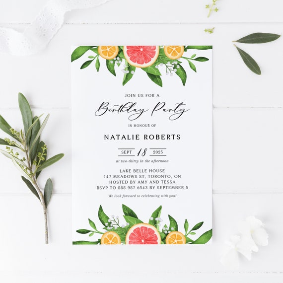 Grapefruits Birthday Party Invitation Template - Printable Watercolor Grapefruits and Oranges Garland Citrus Summer Birthday Invite - #013