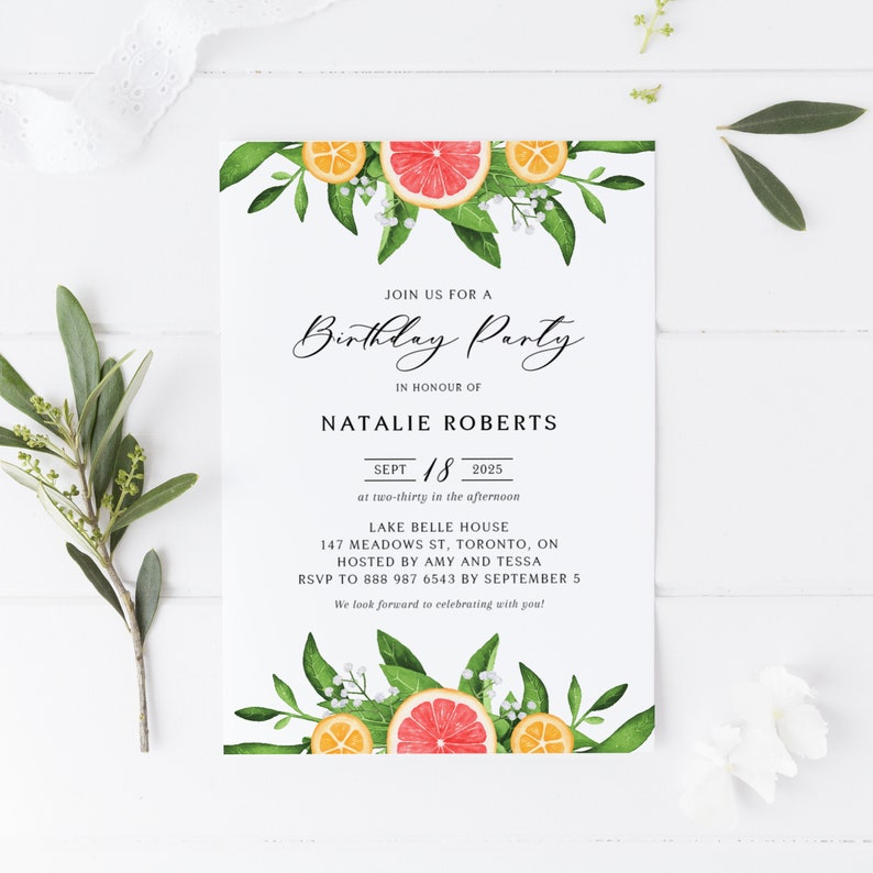 Grapefruits Birthday Party Invitation Template - Printable Watercolor Grapefruits and Oranges Garland Citrus Summer Birthday Invite - #013 image 1