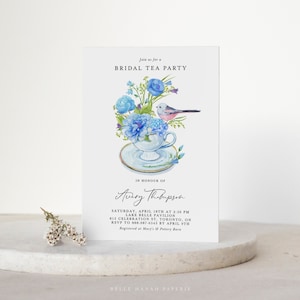 Printable Bridal Tea Party Invitation Template - DIY Watercolor Teacup Blue Flowers Bridal Shower Tea Party Evite - Editable Invitation BT47