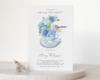 Printable Bridal Tea Party Invitation Template - DIY Watercolor Teacup Blue Flowers Bridal Shower Tea Party Evite - Editable Invitation BT47