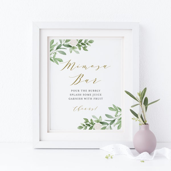 Printable Greenery Mimosa Bar Sign - Watercolor Greenery and White Flowers Spring Bridal Shower Mimosa Bar - Instant Download GWF23