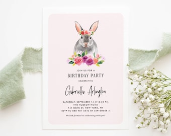 Printable Rabbit Birthday Party Invitation Template - DIY Watercolor Rabbit Floral Crown First Birthday Evite - Bunny Birthday Invite PB10