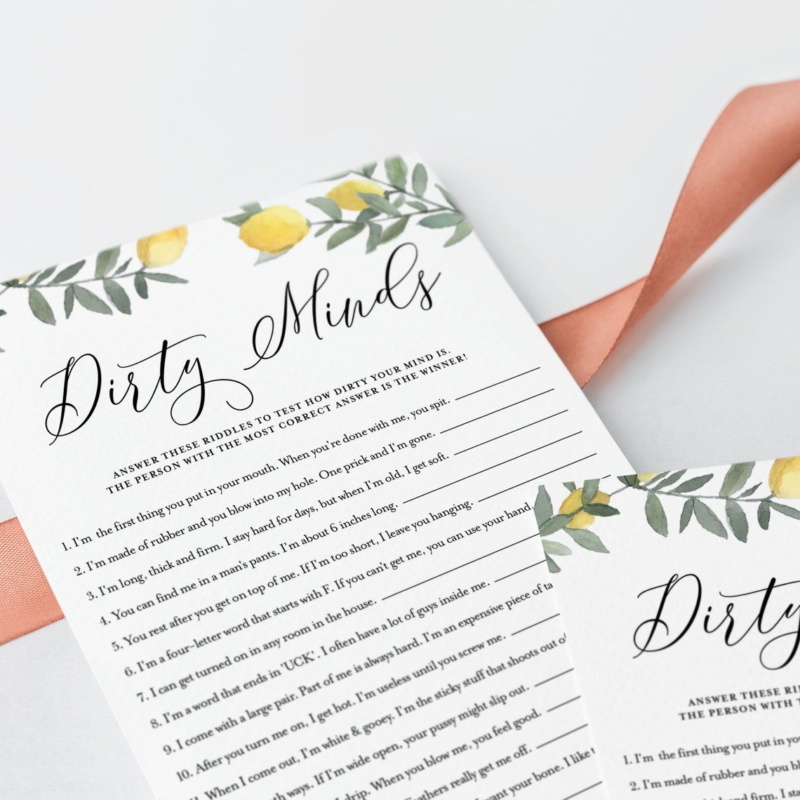 Boho Lemon Dirty Minds Riddles Bridal Shower Game Card Funny Etsy