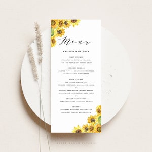 Modelo de cartão de menu de casamento de girassol para impressão - DIY rústico aquarela girassóis cartão de menu de casamento de verão - cartão de menu 4x9 editável WS95