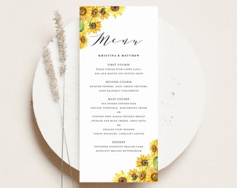 Modelo de cartão de menu de casamento de girassol para impressão - DIY rústico aquarela girassóis cartão de menu de casamento de verão - cartão de menu 4x9 editável WS95