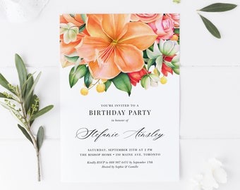 May include: A floral birthday party invitation with a peach and orange flower bouquet. The invitation reads "You're invited to a Birthday Party in honour of Stefanie Ainsley. Saturday, September 25th at 2 PM. The Bishop Home - 230 Maine Ave, Toronto. Kindly RSVP to 888 987 6431 by September 15th. Hosted by Sophie & Camille. Belle Hanah Paperie."