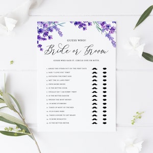 Printable Lavender Bride or Groom Bridal Game Card - Watercolor Lavender Flowers He Said She Said Wedding Shower Game -Instant Download LF41