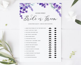 Tarjeta de juego nupcial de novia o novio de lavanda imprimible - Flores de lavanda de acuarela Él dijo que dijo juego de ducha de boda -Descarga instantánea LF41