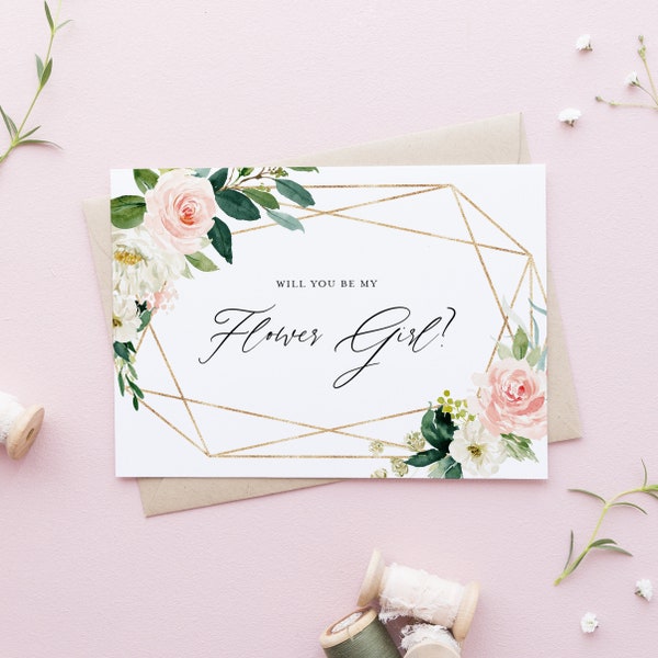 Printable Will You Be My Flower Girl Card - 5x7 Geometric Watercolor Spring Blooms Card - Floral Flower Girl Proposal - Instant Download