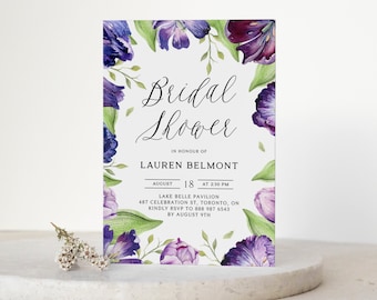 Printable Tulips Bridal Shower Invitation Template - DIY Watercolor Purple Tulips Garden Bridal Brunch Invite - Editable Invitation PTF6