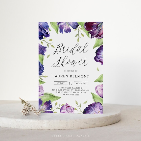Printable Tulips Bridal Shower Invitation Template - DIY Watercolor Purple Tulips Garden Bridal Brunch Invite - Editable Invitation PTF6