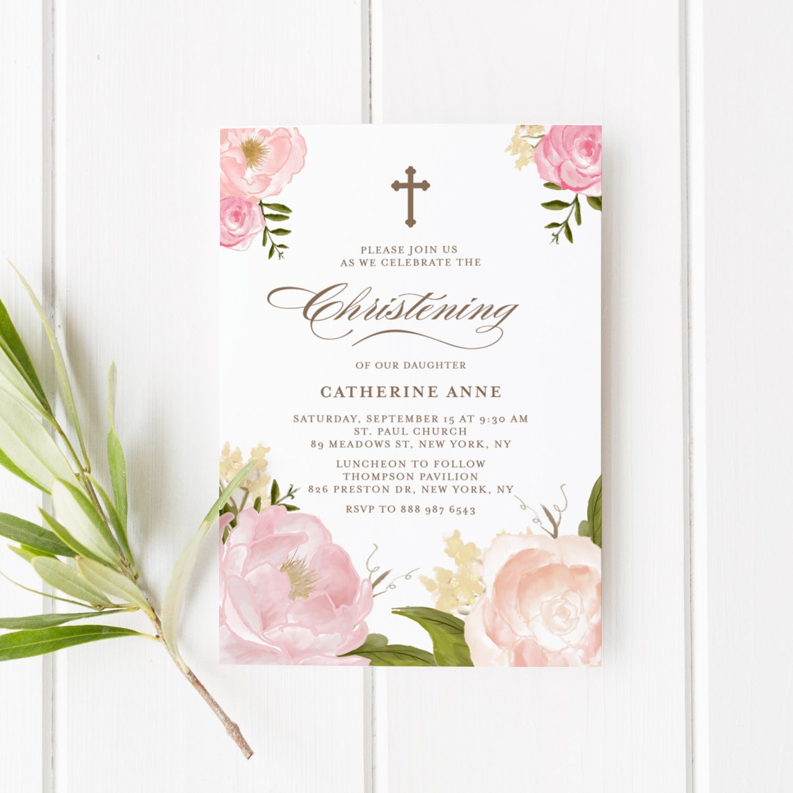 Printable Christening Invitation Editable Floral Christening