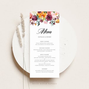 Printable Autumn Florals Wedding Menu Card Template - 4x9 Autumn Blooms Burgundy & Orange Florals Shower Menu Card - Editable Menu Card AB41