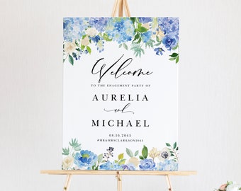 Printable Hydrangea Engagement Party Welcome Sign Template - Editable 18x24 Watercolor Blue Hydrangeas Floral Wedding Sign - DIY Sign #024