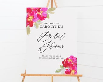 Printable Floral Bridal Shower Welcome Sign Template - Editable Hand Painted Hot Pink Flowers Bridal Sign - Spring Bridal Shower Decor FW12