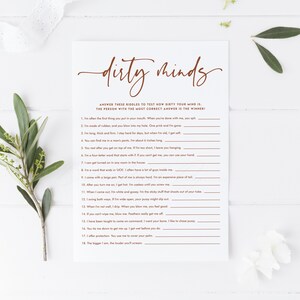 Printable Dirty Minds Game Card - Terracotta Dirty Riddles Bachelorette Party Game, Naughty Hen Party Bridal Shower Game - Instant Download