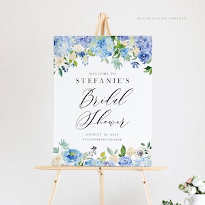 Printable Hydrangea Bridal Shower Welcome Sign Template - Editable 18x24 Watercolor Blue Hydrangeas Floral Bridal Shower Sign -DIY Sign #024