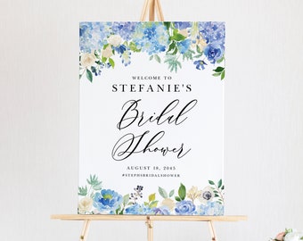 Printable Hydrangea Bridal Shower Welcome Sign Template - Editable 18x24 Watercolor Blue Hydrangeas Floral Bridal Shower Sign -DIY Sign #024