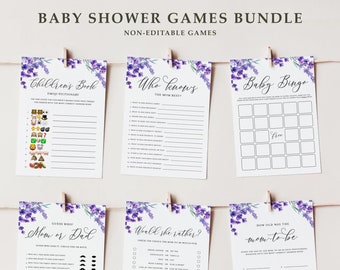 Paquete de juegos de baby shower de lavanda imprimible - Paquete de 6 juegos para bebés - Paquete de juegos de espolvoreado para bebés de flores moradas - Descarga instantánea LF41