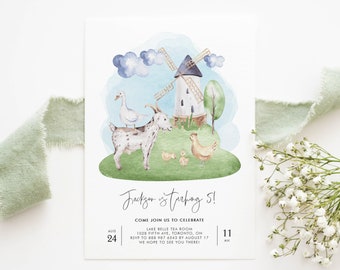 Plantilla imprimible de invitación a fiesta de cumpleaños de animales de granja - invitación de cumpleaños de corral de cabra, pato y pollo en acuarela, invitación editable FA31