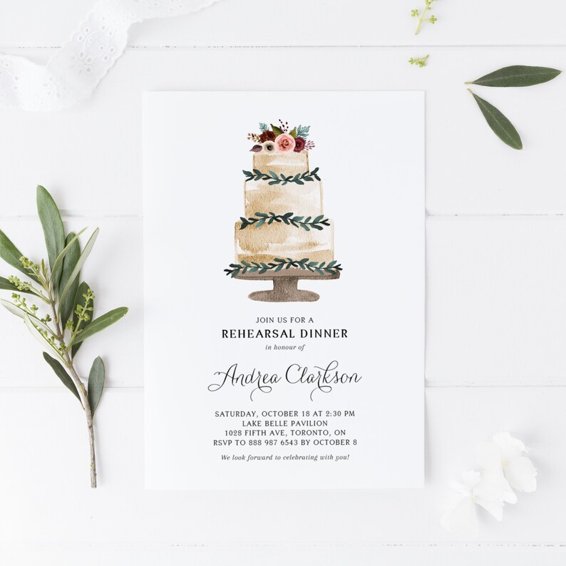 Fall Cake Rehearsal Dinner Shower Invitation Template Editable DIY FTC6 Watercolor Tiered Cake with Fall Flowers Wedding Shower Invite