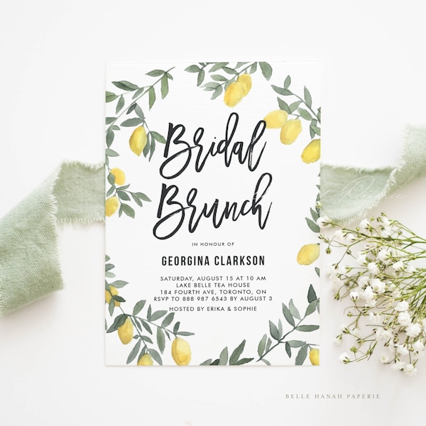 Printable Boho Lemon Bridal Brunch Invitation Template - Rustic Watercolor Lemon Wreath Sumer Bridal Brunch Evite - Editable Invitation BLW1