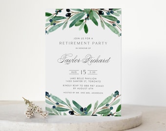 Printable Greenery Retirement Party Invitation Template - DIY Watercolor Olive Branches Retirement Party Invite - Editable Invitation OG85