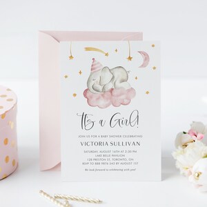 Printable Elephant Baby Shower Invitation Template - Watercolor Sleeping Elephant It&#39;s a Girl Baby Shower Invite - Editable Invite SE09
