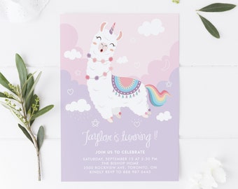 Llamacorn Kids Birthday Invitation Template - Printable Cute Pastel Rainbow Llama Unicorn First Birthday Invite - DIY, Editable PU26