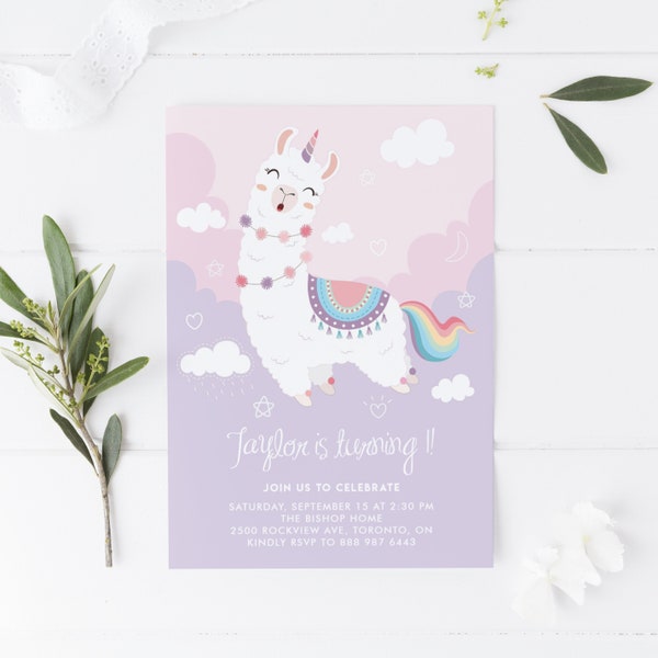 Llamacorn Kids Birthday Invitation Template - Printable Cute Pastel Rainbow Llama Unicorn First Birthday Invite - DIY, Editable PU26