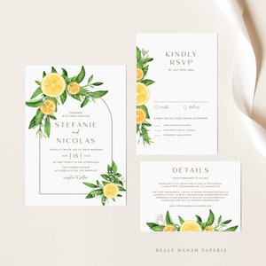 Printable Lemon Wedding Invitation Suite Template - Watercolor Lemon & Oranges Summer Wedding Invite, RSVP Cards - Editable Wedding Set 095