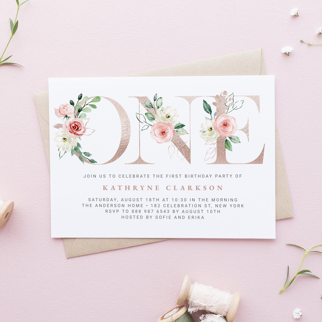 Printable Rose Gold First Birthday Invitation Template, Watercolor Pink ...