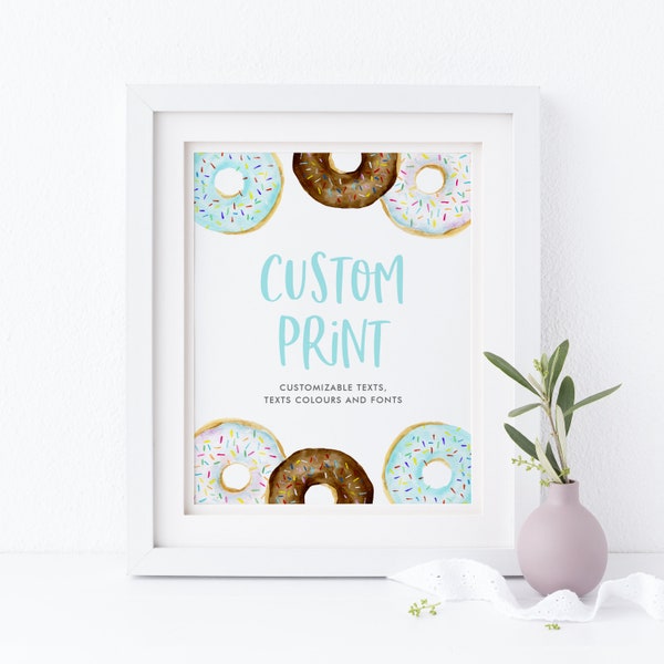 Printable 8x10 Donuts Custom Quote Print Template - Watercolor Blue, White and Chocolate Donuts Baby Shower Sign - Editable DIY BC32