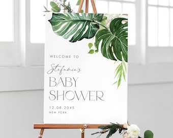 Plantilla de cartel de bienvenida para baby shower tropical con acuarela - Decoración para baby shower con monstera y follaje verde de 18x24 - Cartel editable para fiesta tropical MT42
