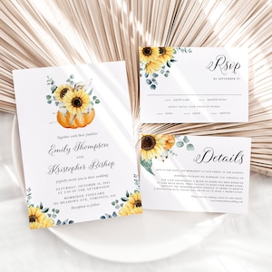 DIY Pumpkins and Sunflowers Fall Wedding Invitation Suite Template - Printable Rustic Autumn Wedding Invite, RSVP & Details Card Set PS45