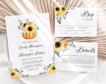 May include: Fall wedding invitation suite with sunflowers and pumpkins. The invitation features the couple's names, wedding date, and location. The RSVP card includes a section for guests to indicate their attendance and meal choice. The details card provides information about the reception venue and accommodations.