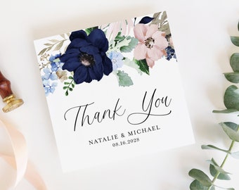 Printable Rustic Floral Thank You Favor Tag Template - Editable Watercolour Dark Navy and Blush Flowers Circle and Square Favor Tag - NBF3
