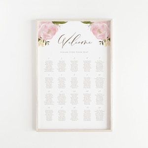 Druckbare Blumen Hochzeit Sitzplan Vorlage - 24x36 Aquarell Blush Pink Peony Hochzeit Sitzplan - DIY Rosa Blumen Tisch Plan Zeichen
