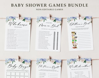 Blue Floral Baby Shower Games Bundle - Printable 5x7 Blue Hydrangeas and White Roses Baby Sprinkles Games Bundle - Instant Download BH12